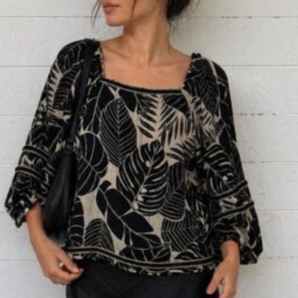 Cynthia Rowley Linen Tropical Palm Leaf Print Blouse Resortwear